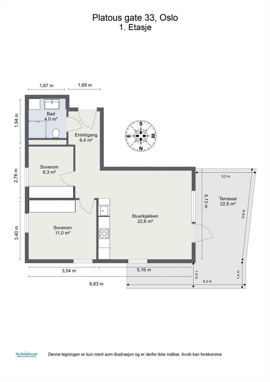 Leiligheten ligger i 2. etasje og inneholder gang/entré, bad, stue/kjøkken og 2 soverom. I tillegg disponerer leiligheten boder i kjeller på til sammen 7 m². Galleribilde