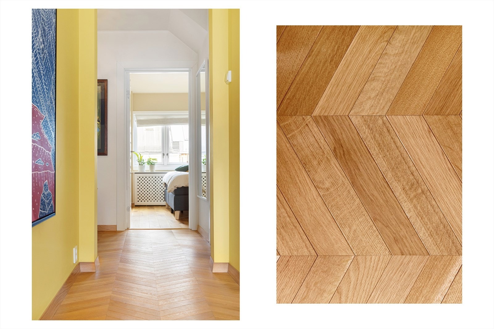 Store deler av boligen har eksklusiv fiskebensparkett fra Skovin Gulv, noe som tilfører både karakter og sjarm til leiligheten. Galleribilde