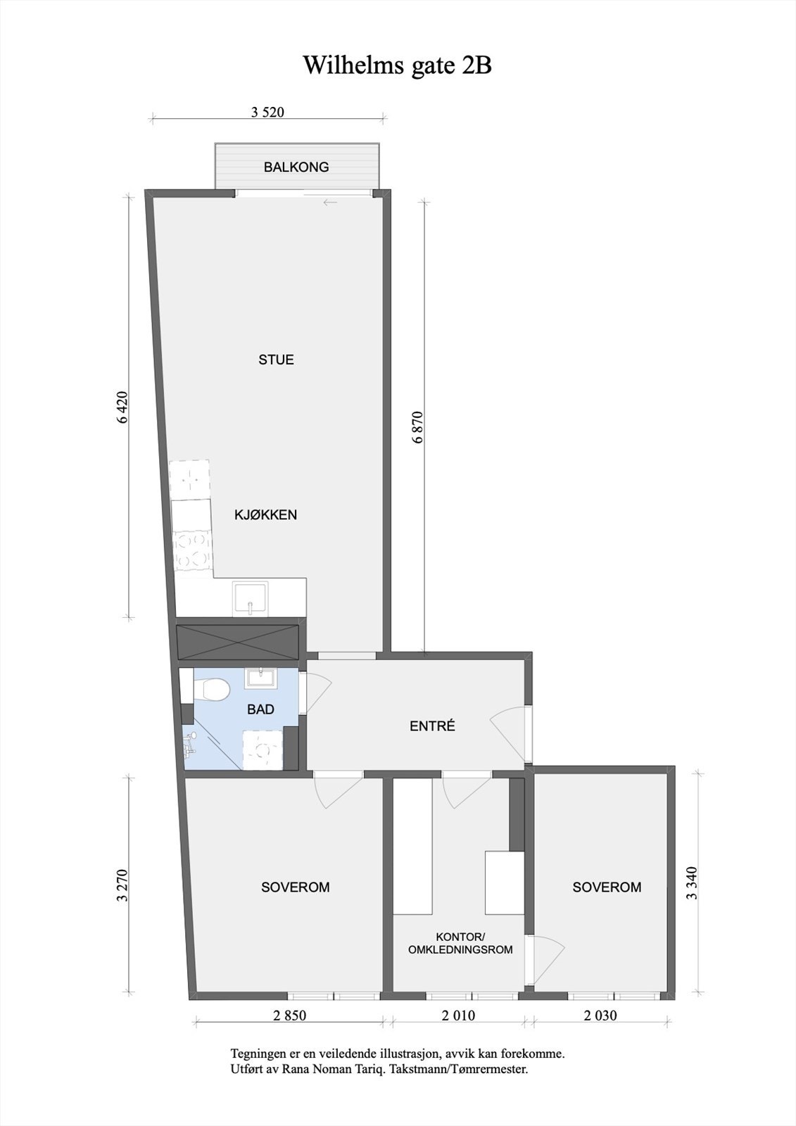 Leiligheten inneholder entré, kontor/omkledningsrom, 2 soverom, bad og åpen stue- og kjøkkenløsning med utgang til balkong. I tillegg disponerer leiligheten én kjellerbod og én loftsbod. Galleribilde