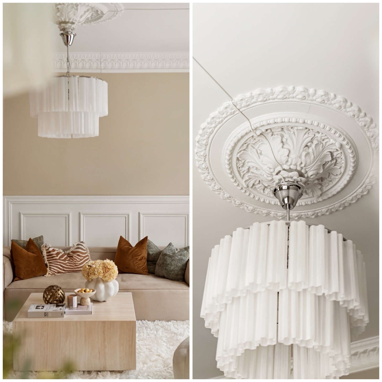 Detaljbilde av stukkatur og originale rosetter. Galleribilde