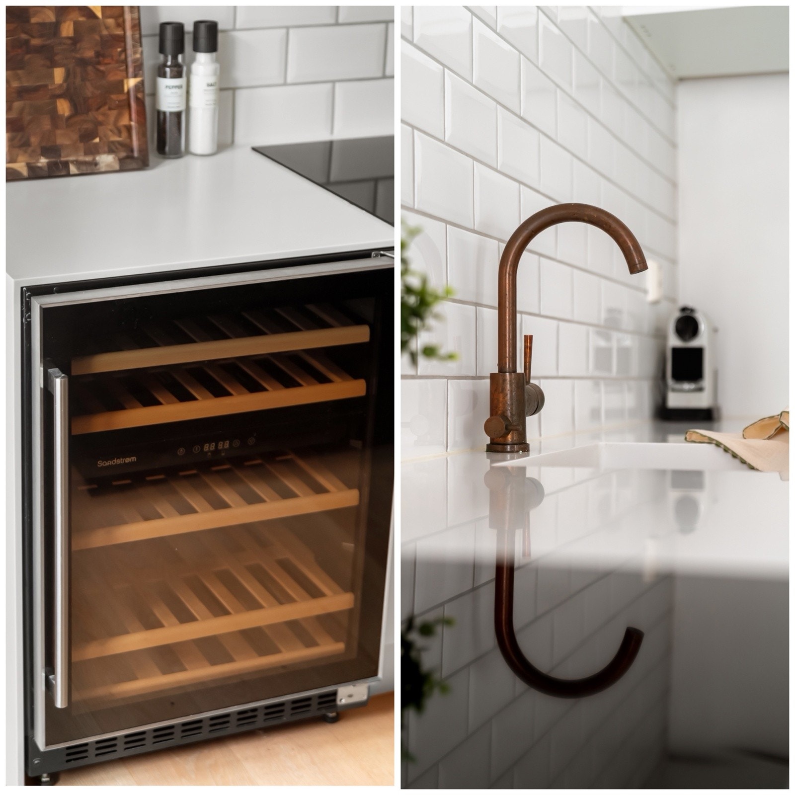 Underlimt stålvask, ettgreps-batteri og vinskap. Corian benkeplate og kum i rustfritt stål. Galleribilde