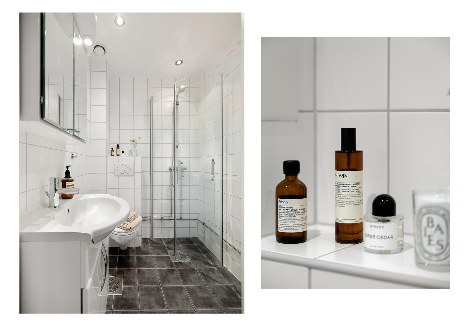 Fint, flislagt bad med dusjhjørne i glass. Galleribilde