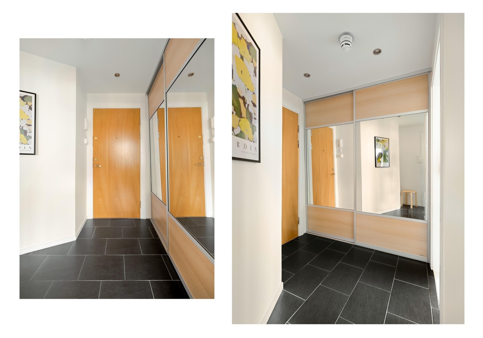 I gangen er det en stor skyvedørsgarderobe. Galleribilde