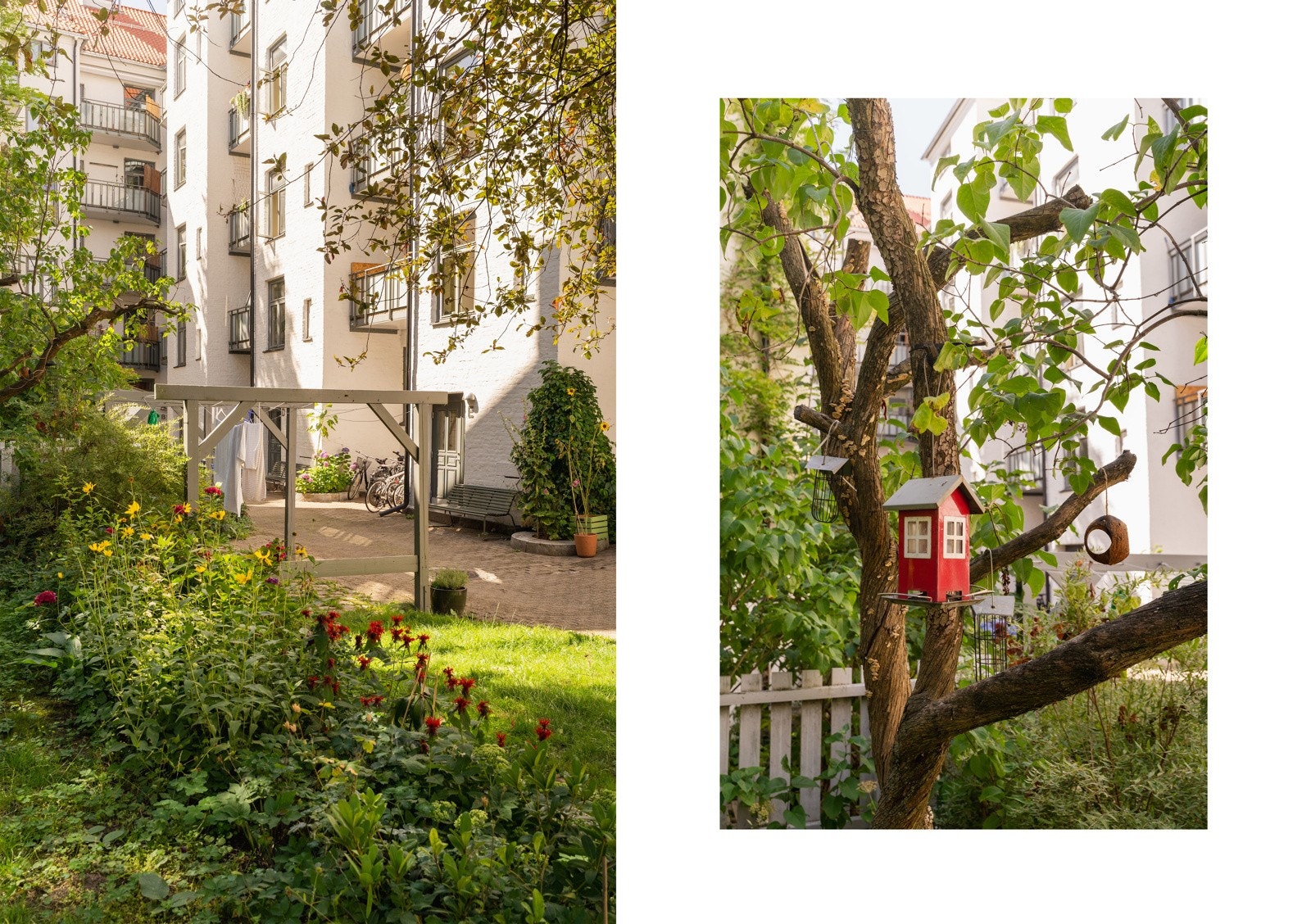 Stor og idyllisk bakgård som er opparbeidet med hellelagte gangveier, gressplen, blomsterbed og annen fin beplantning. Galleribilde
