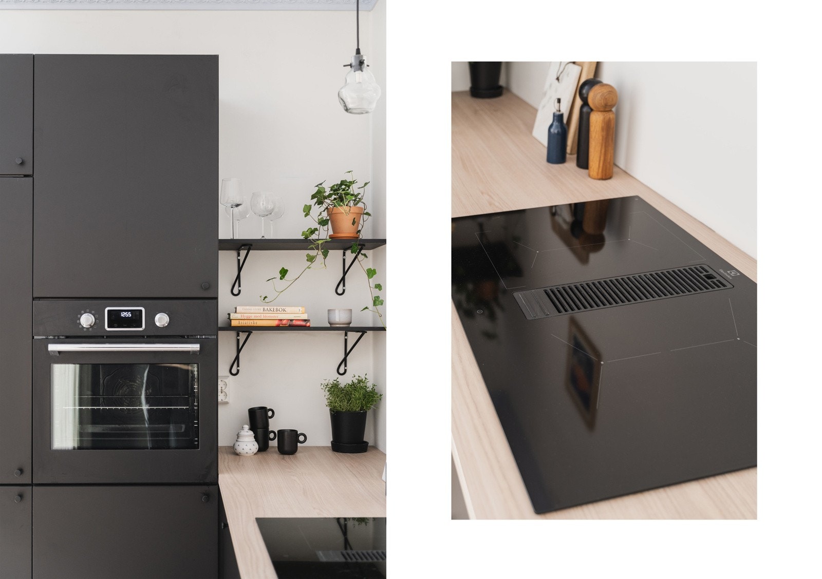 Kjøkkenet er utstyrt med integrerte hvitevarer som platetopp med integrert ventilator, komfyr, oppvaskmaskin og kjøleskap med frysedel. Galleribilde