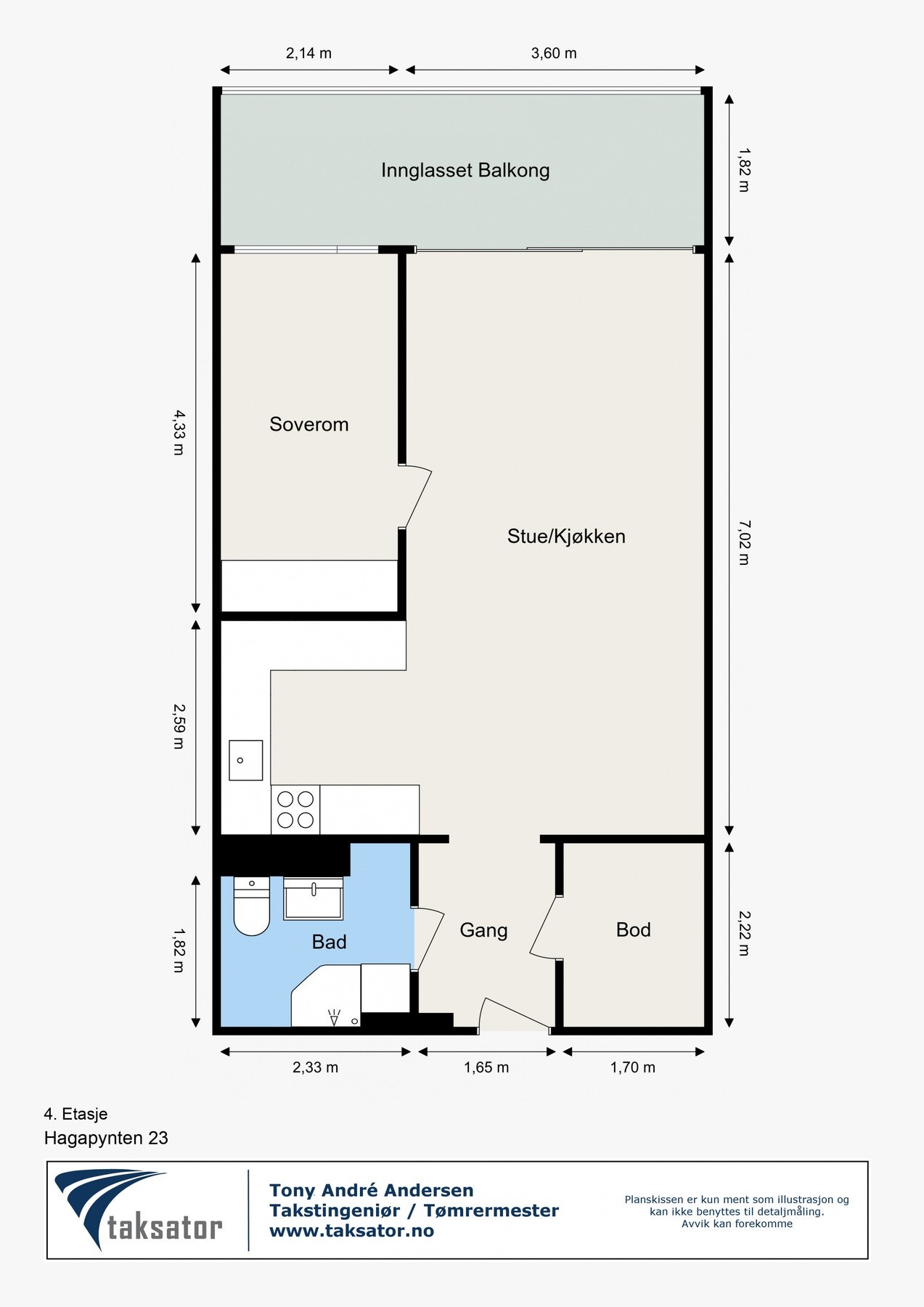 Leiligheten ligger i blokkens 4.etg. og inneholder: Entrè. Stue/kjøkken med utgang til balkong. Soverom. Bad/WC og innvendig bod. Galleribilde