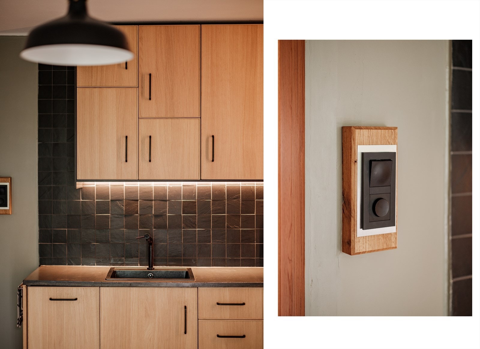 Flotte detaljer som lyslist med dimmefunksjon og uttrekkbare stikkontakter innfelt i benkeplate. Galleribilde