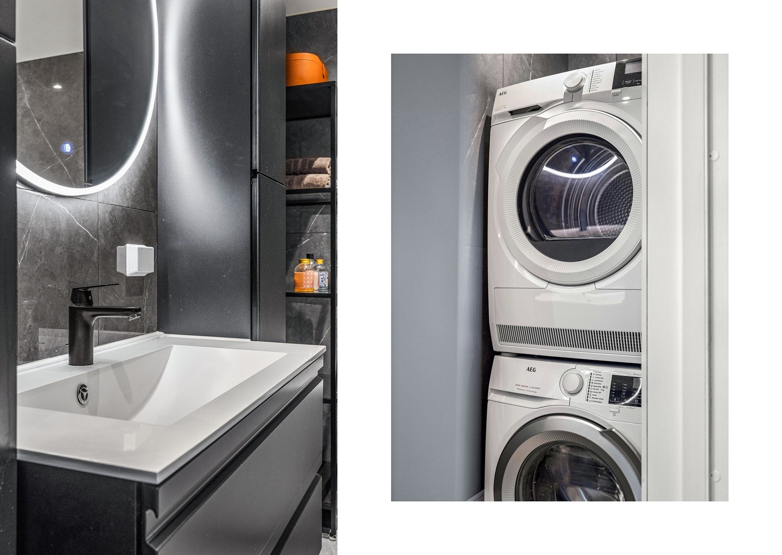 Egen nisje til vaskemaskin og tørketrommel som kan plasseres i høyden. Galleribilde