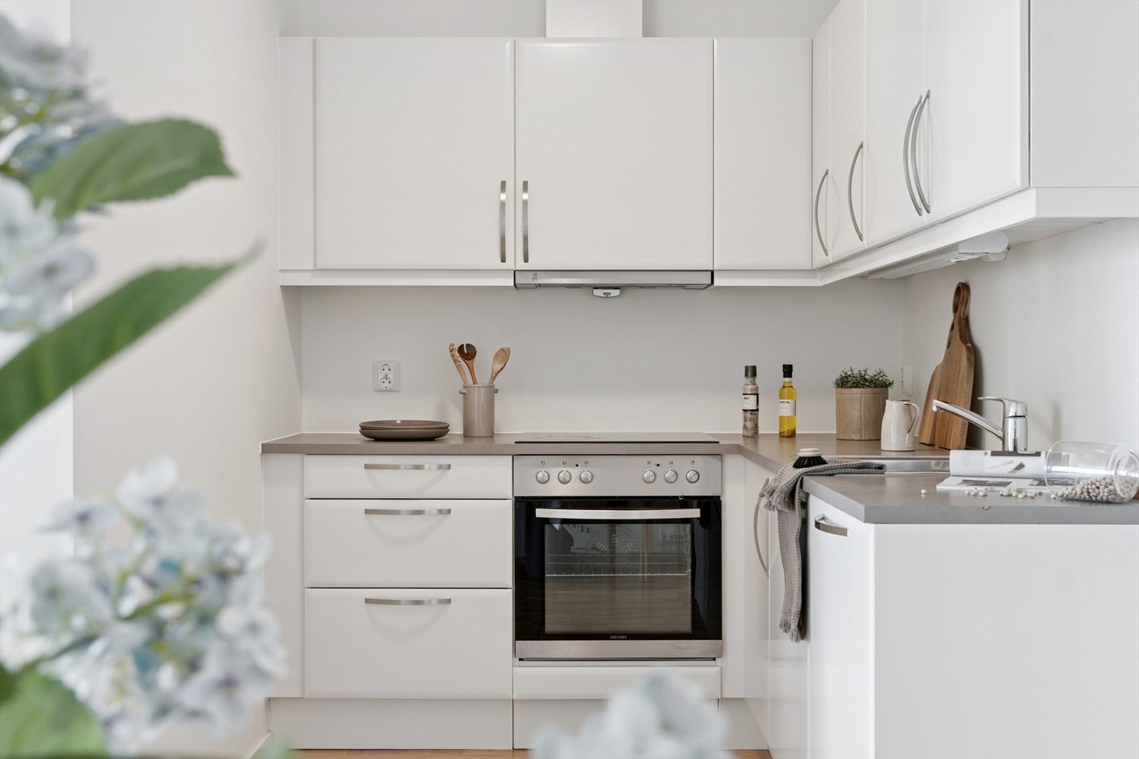 Kjøkkenet har vask av stål, og ellers integrert stekeovn/steketopp og oppvaskmaskin. Det er vannstopper og komfyrvakt. Det er frittstående kjøleskap/frys. Galleribilde