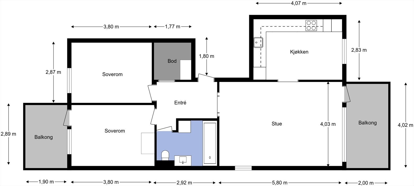 Leiligheten ligger i 1. etasje og inneholder entré, kjøkken, stue, bad, bod, 2 soverom og 2 balkonger. I tillegg disponerer leiligheten en kjellerbod på ca. 4 m². Galleribilde