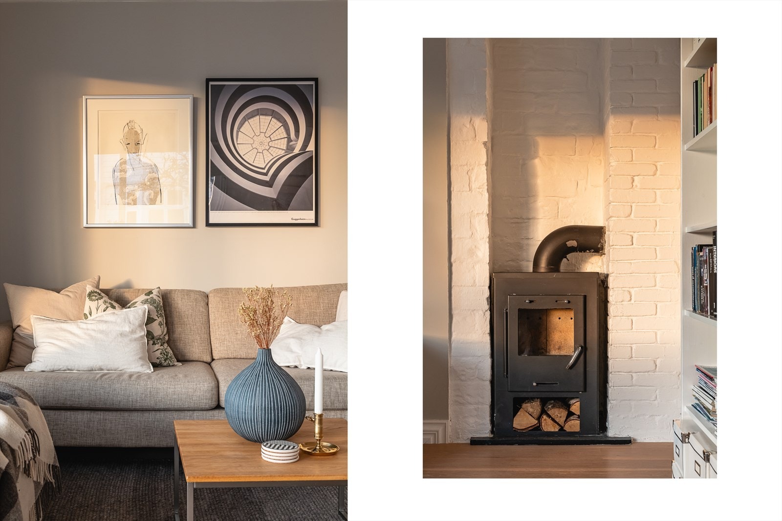 Her finner du et rentbrennende ildsted som gir varme og hygge, samt en luft-til-luft varmepumpe (installert 2023) Galleribilde