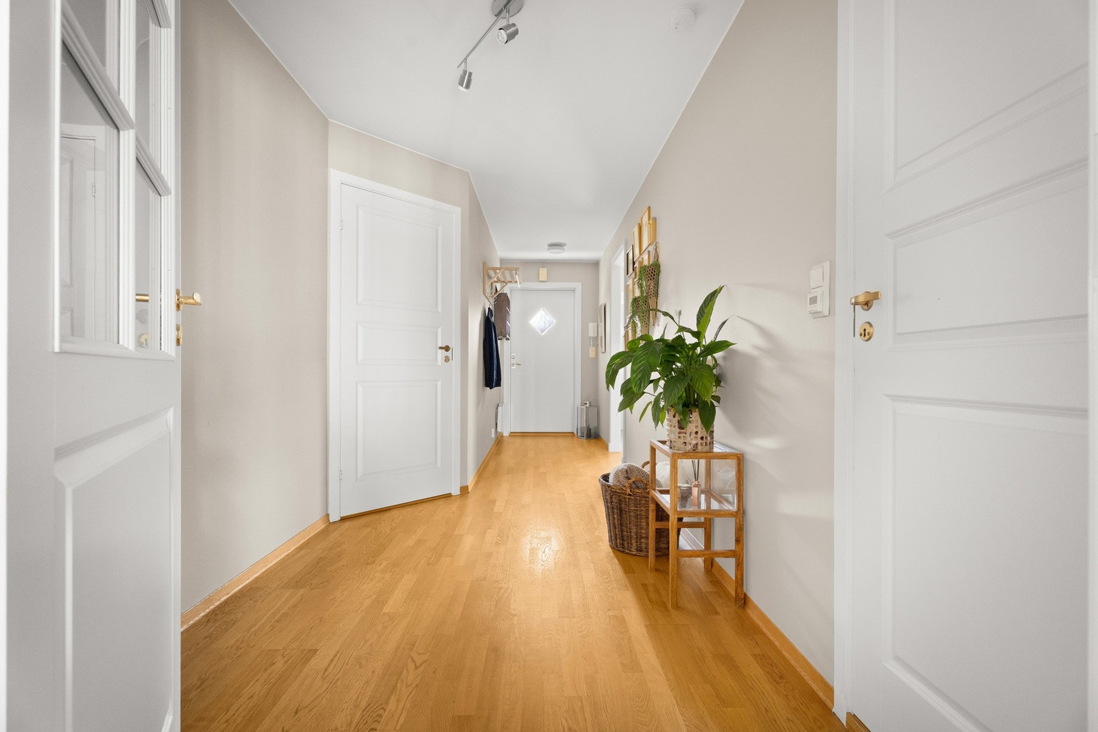 Her er det en pen entré med lysmalte vegger og gyllent, trestavs parkettgulv - en stilren kombinasjon som er gjennomgående for leilighetens oppholdsrom. Galleribilde