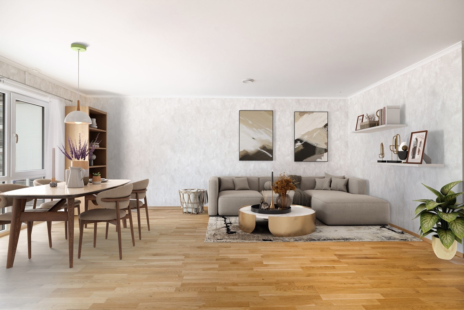 Lys og romslig stue med god plass til sofagruppe og spisebord Galleribilde