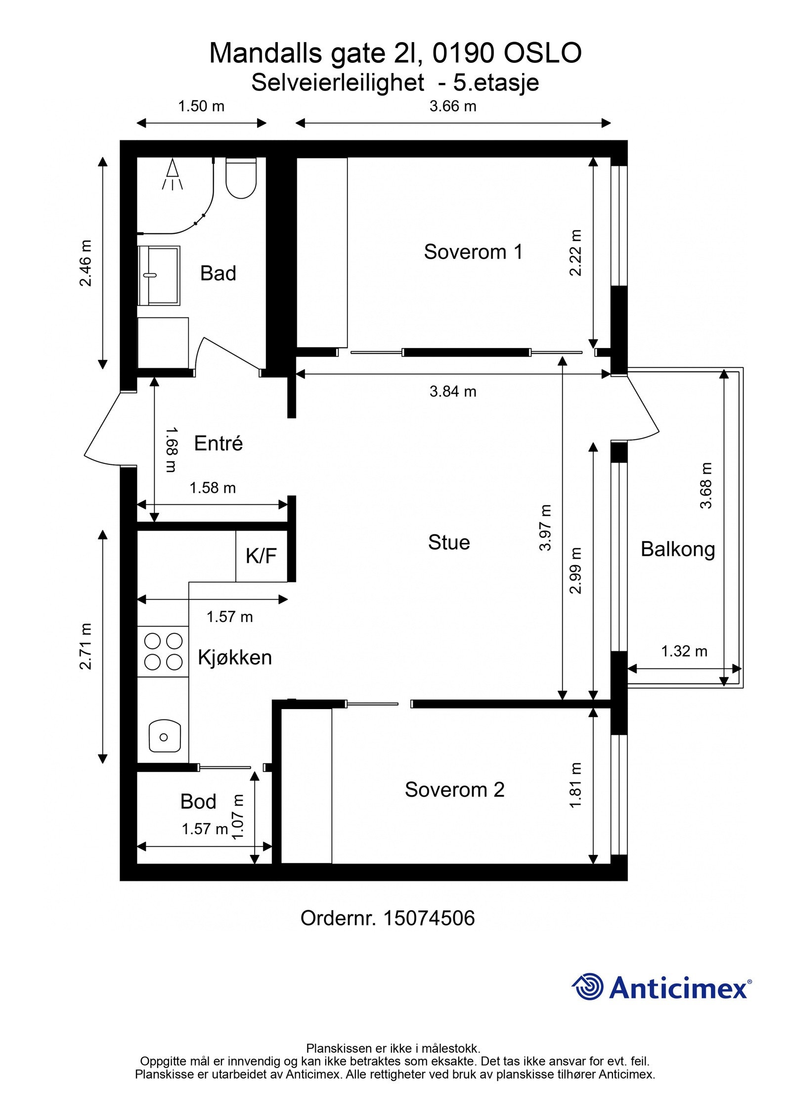 Plantegning 5. etasje med heis. I tillegg disponerer leiligheten en loftsbod på ca. 2m². Galleribilde