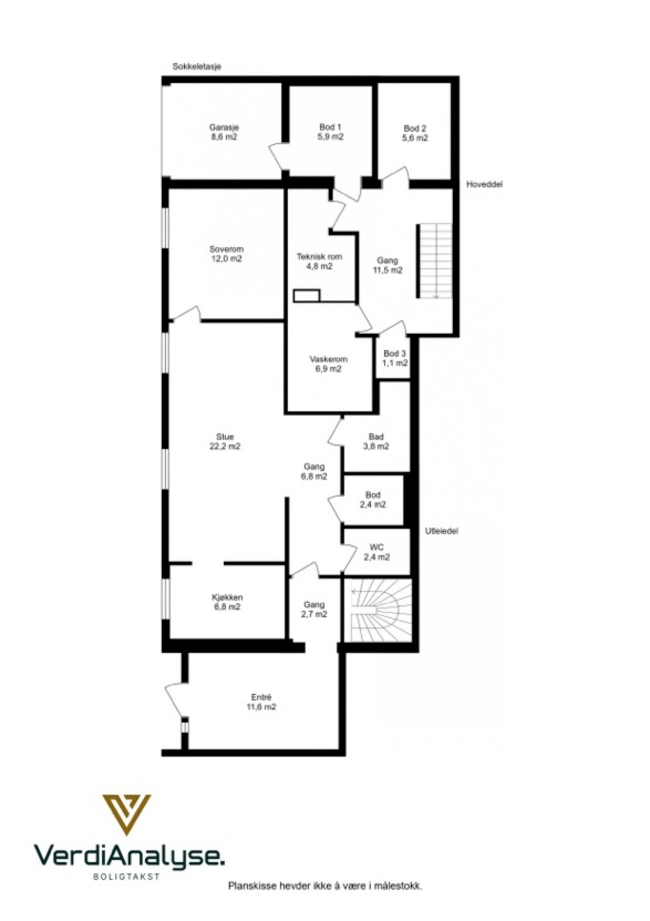 Planskisse sokkel. Sokkel er oppdelt til utleiedel og hoveddel. Galleribilde