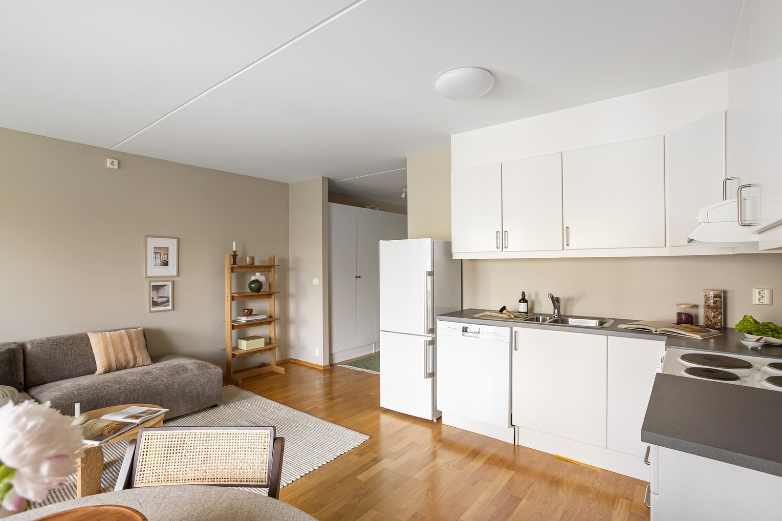 Fra den åpne stue/kjøkkenløsningen er det adkomst til soverom og bad fra gangen. Galleribilde