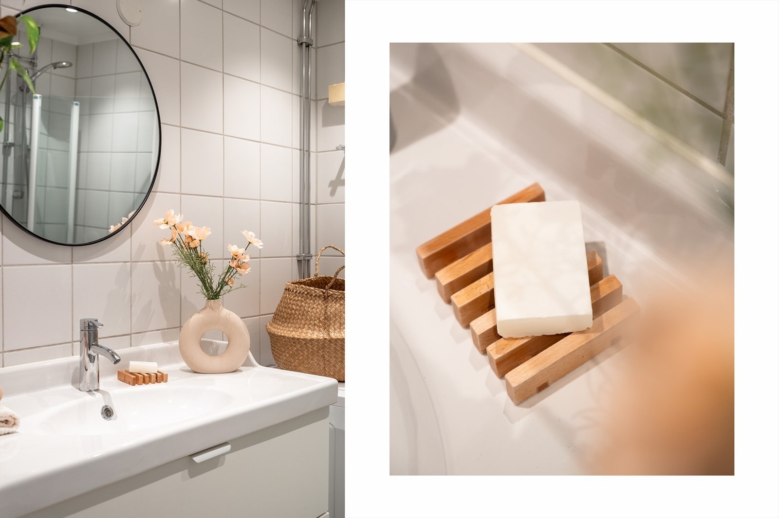 Badet har praktiske detaljer og servant med skuffeinnredning for god oppbevaring. Galleribilde