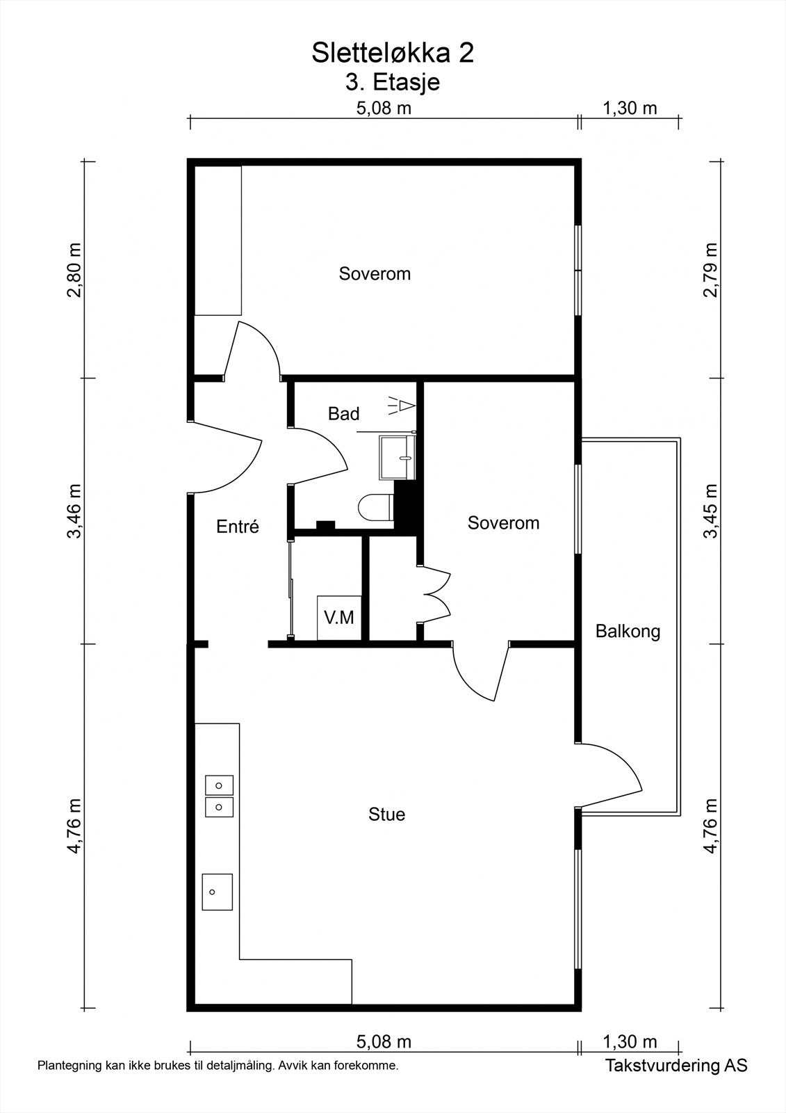 Planskisse med mål fra takstmann - Sletteløkka 2 3. etg. Galleribilde