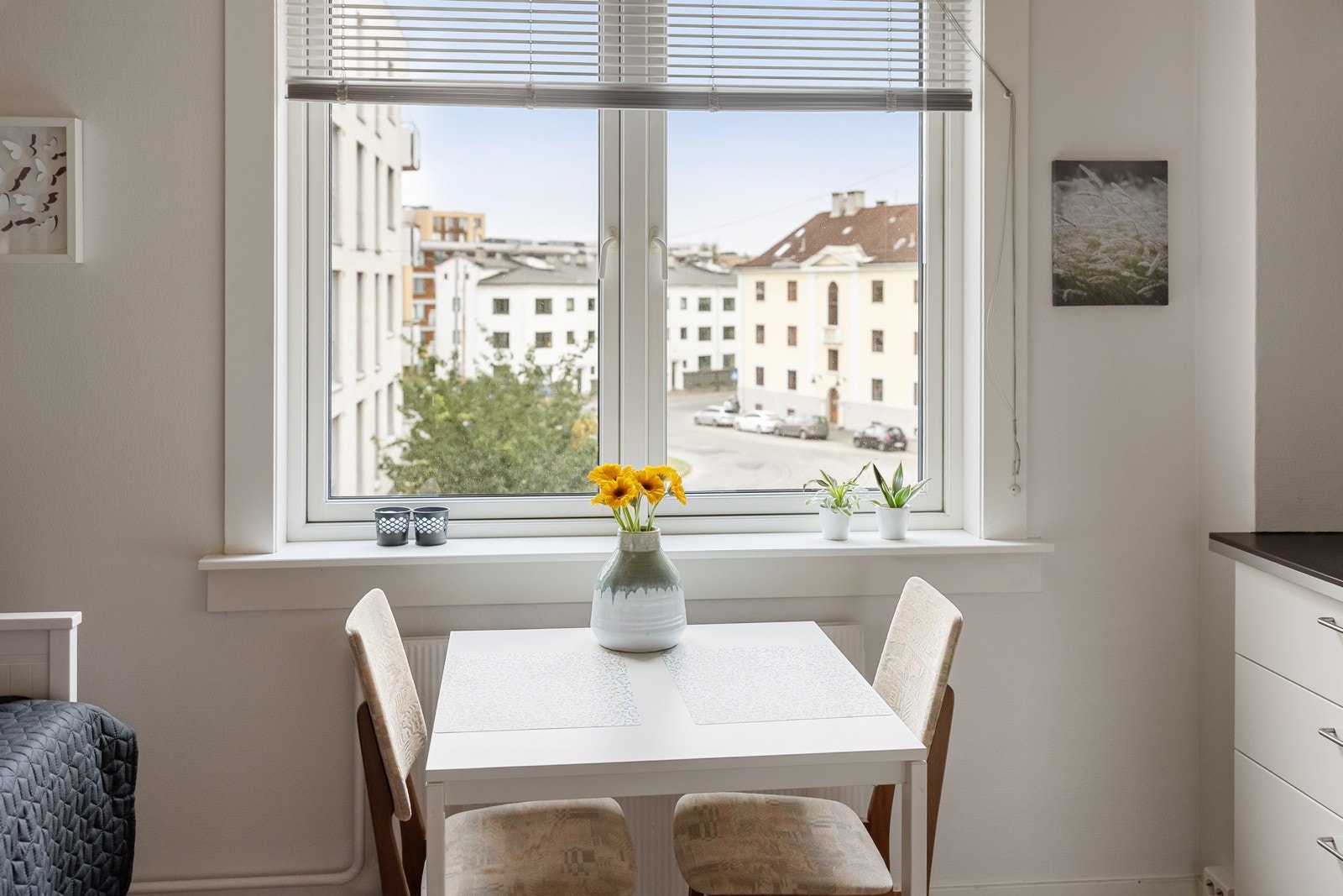 Vinduet var nytt i 2016, og det er bred vinduskarm for planter og dekor. Galleribilde