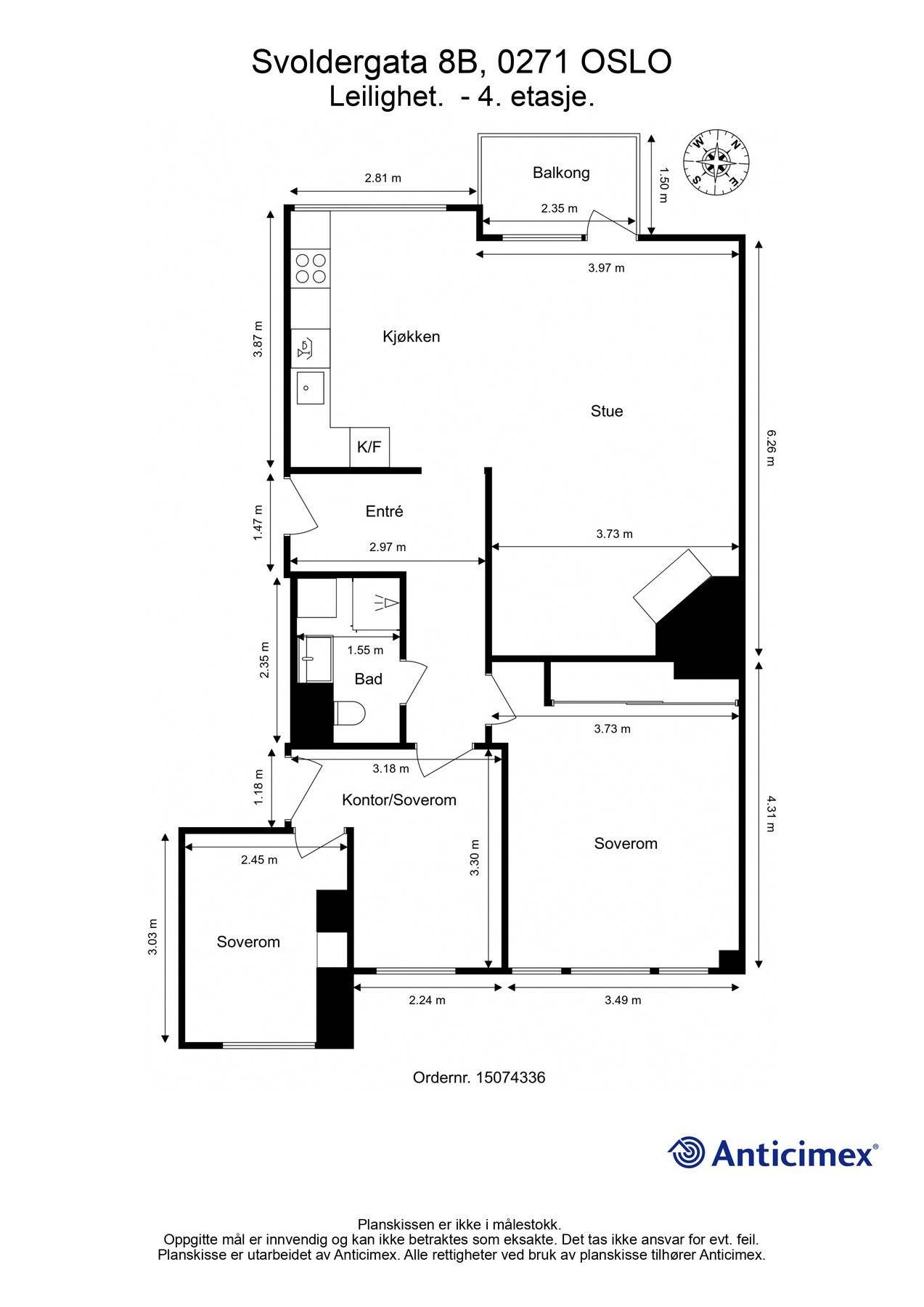 Plantegning. BRA-i 80 kvm. Entré, bad, to soverom, kontor/soverom og stue/kjøkken. Galleribilde