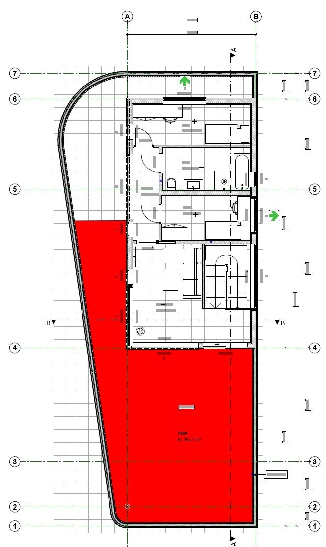 Takterrasse må reduseres noe fra opprinnelig tegning. Terrassen avsluttes her midt mellom to vinduer, og areal markert rødt er ca. 67,8 kvm. Asker kommune har en regel om at takterrasen maks kan være 40% av BYA. Galleribilde