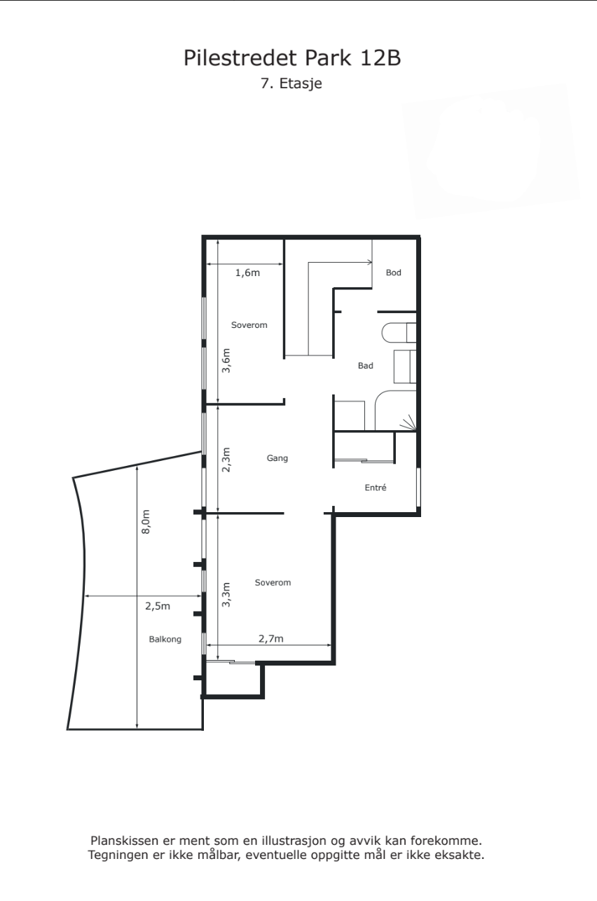Plantegning 7. etasje. I tillegg disponerer leiligheten en kjellerbod på ca. 6 kvm. Galleribilde