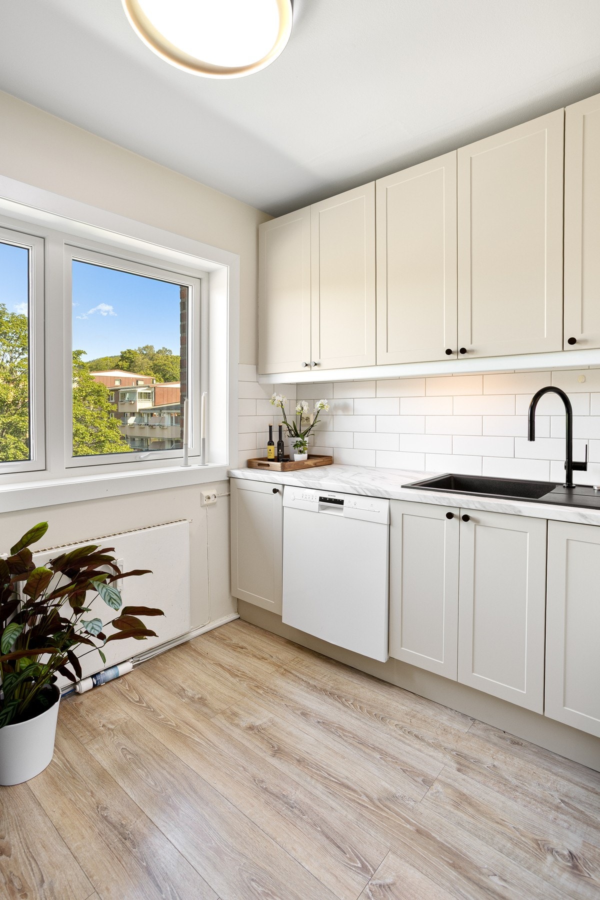 Det delikate kjøkkenet er utstyrt med profilerte fronter og laminat benkeplate med nedfelt kompositt oppvaskkum og nedfelt induksjon koketopp. Galleribilde