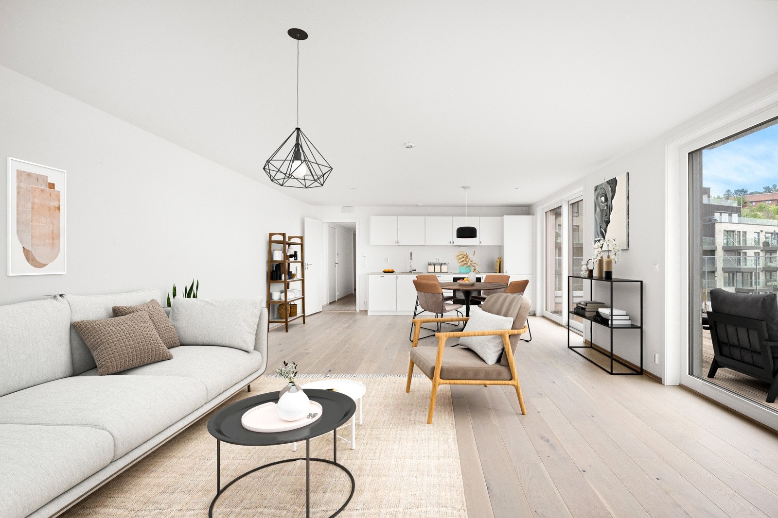 Stuen er lett å dele inn i ulike soner, med plass til både sofaområde og spisesone i åpen løsning mot kjøkkenet. Galleribilde