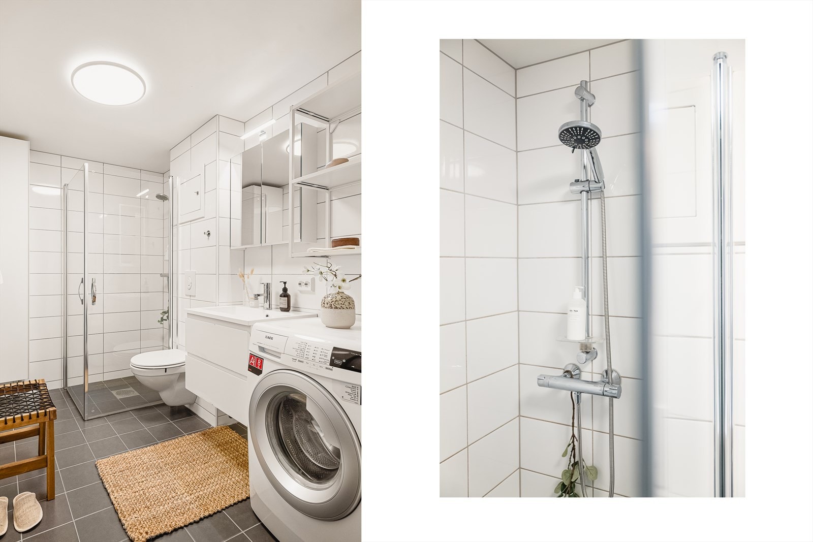 Badet er innredet med nedfelt servant, veggmontert toalett, dusjvegger/hjørne og opplegg for vaskemaskin. Galleribilde
