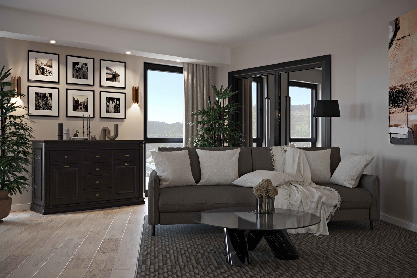 Illustrasjon av stue - Illustrasjonene kan vise tilvalg som ikke er endel av standard leveranse. Galleribilde