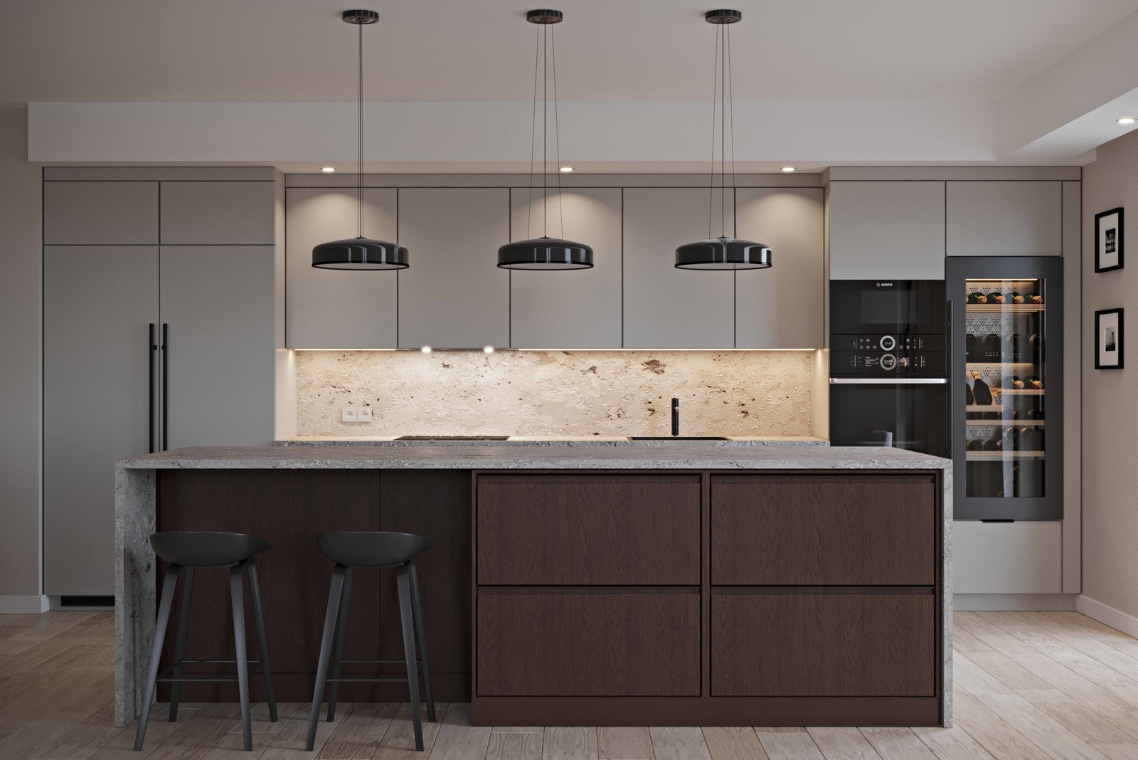 Illustrasjon av kjøkken - Illustrasjonen viser ikke kjøkkeninnredning som blir levert, men det kan velges som tilvalg. Galleribilde