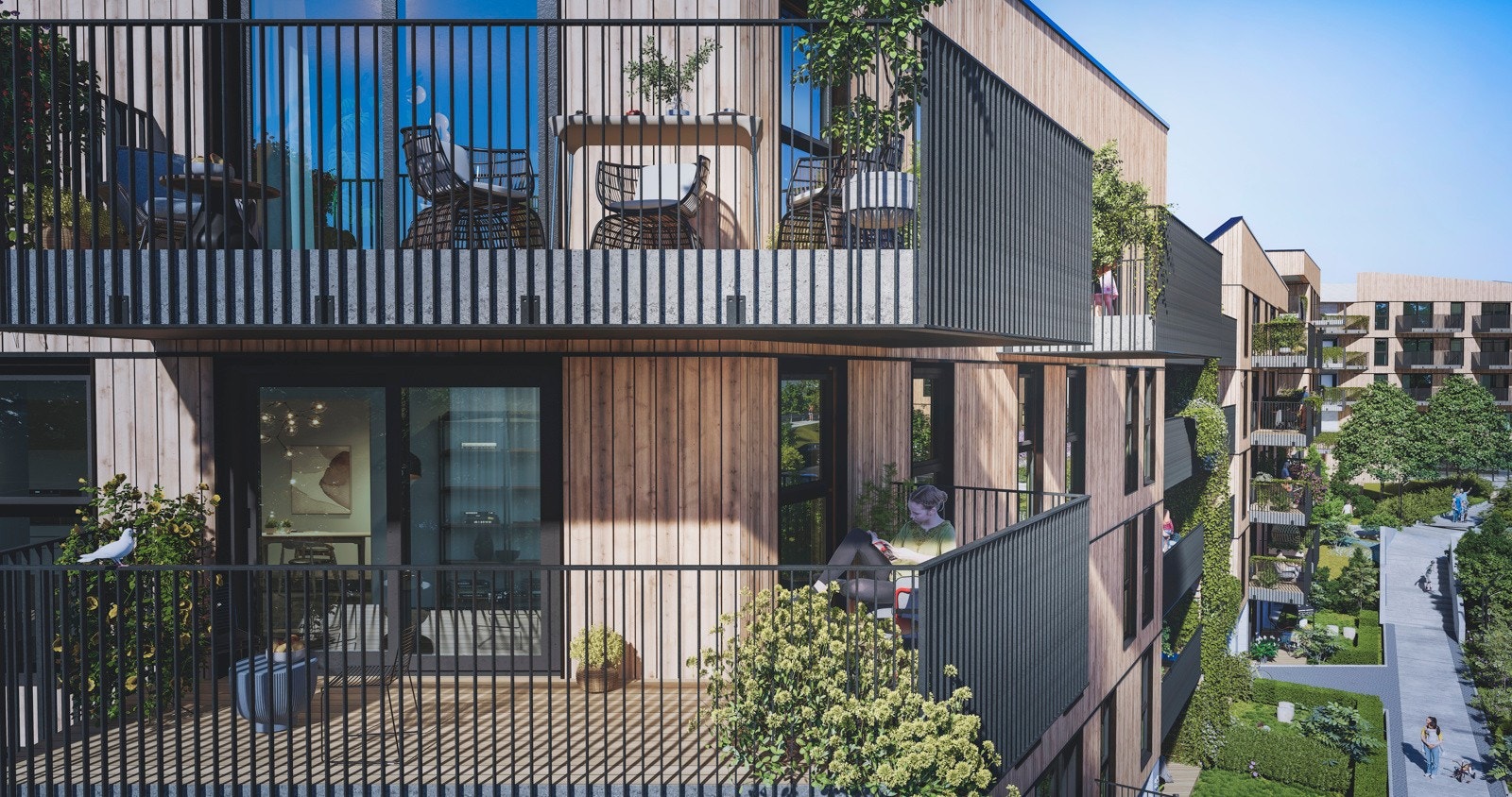 Illustrasjon av utearealer og fasade. Galleribilde