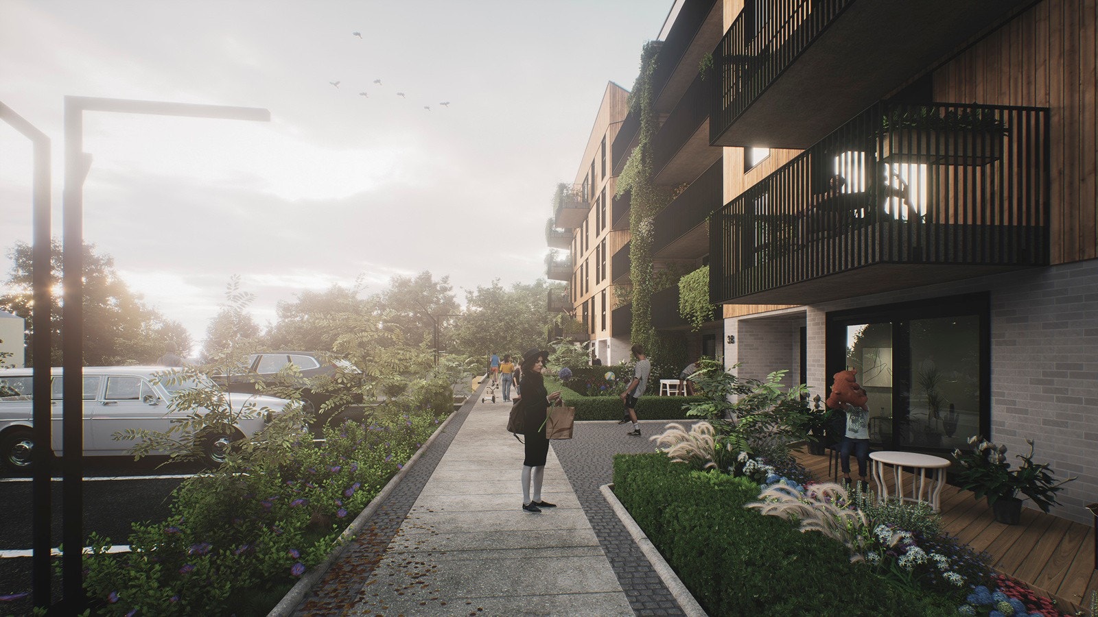 Illustrasjon av utearealer og fasade. Galleribilde