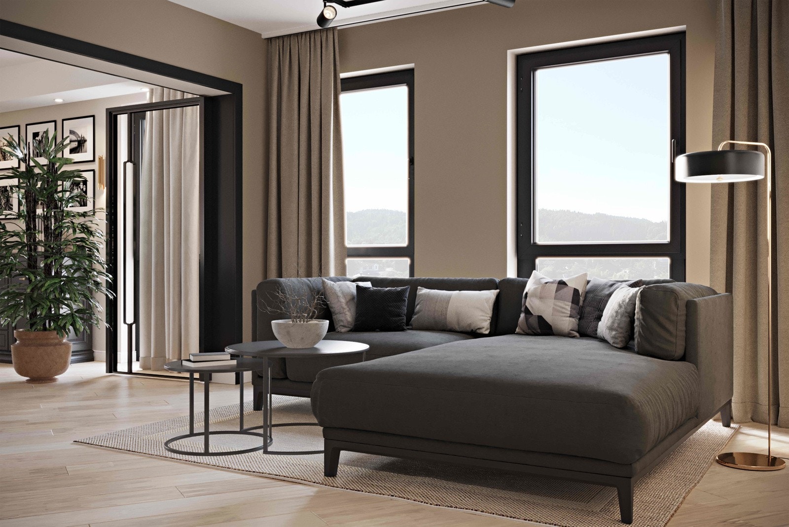 Illustrasjon TV-stue - Det leveres ikke dobbel glassdør som vist. Dette kan leveres som tilvalg. Galleribilde