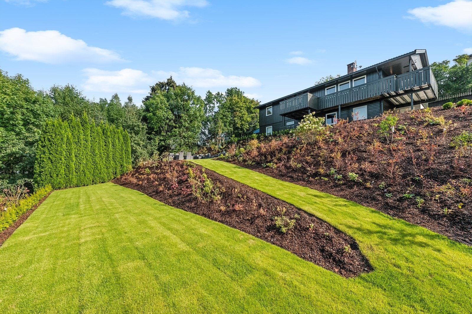 Rundt boligen og nedover mot vannet er det en stor hage med mye boltreplass. Galleribilde
