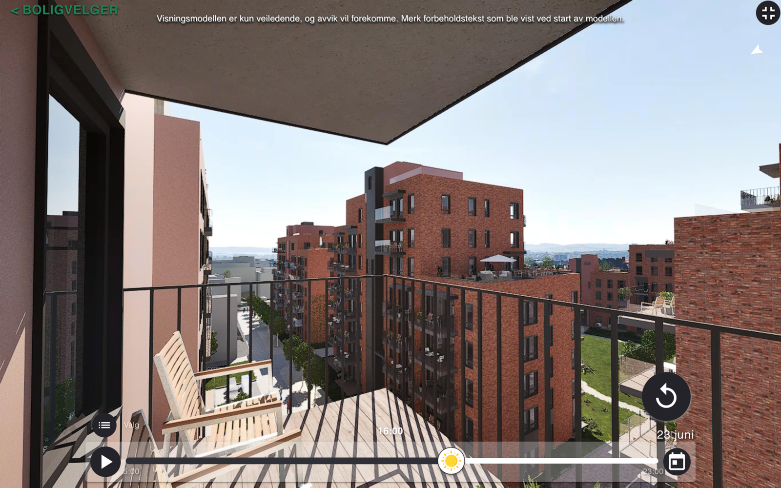 Bildet er lånt fra utbygger solmodell og viser utsikten og solforholdene for den aktuelle leiligheten. Her nyter du sol fra ettermiddag til kveld. Galleribilde