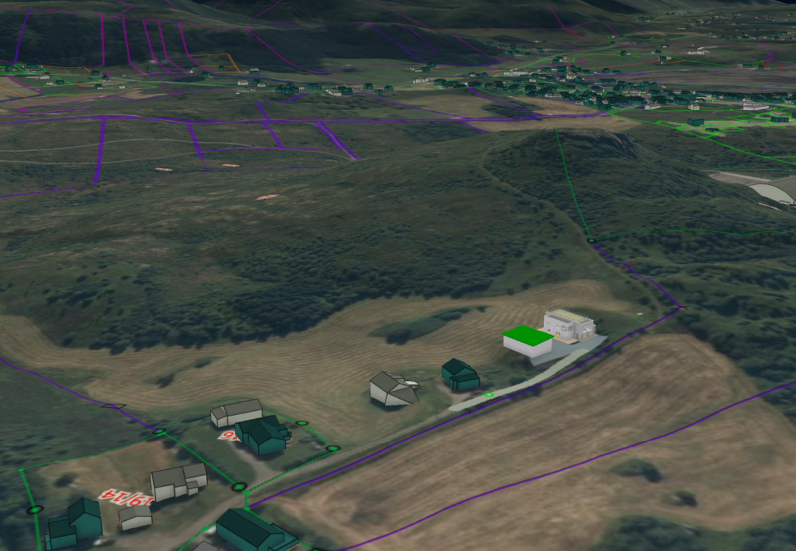 3D-utsnitt som viser hvor disp på ny enebolig og redskapshus er foreslått på tomta. Galleribilde
