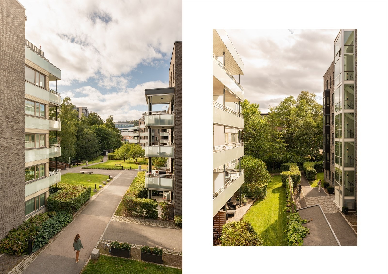 Leiligheten ligger i et moderne bygg fra 2008. Fellesarealer pent opparbeidet med grøntområder og interne gangveier - tilbaketrukket fra trafikk. Galleribilde