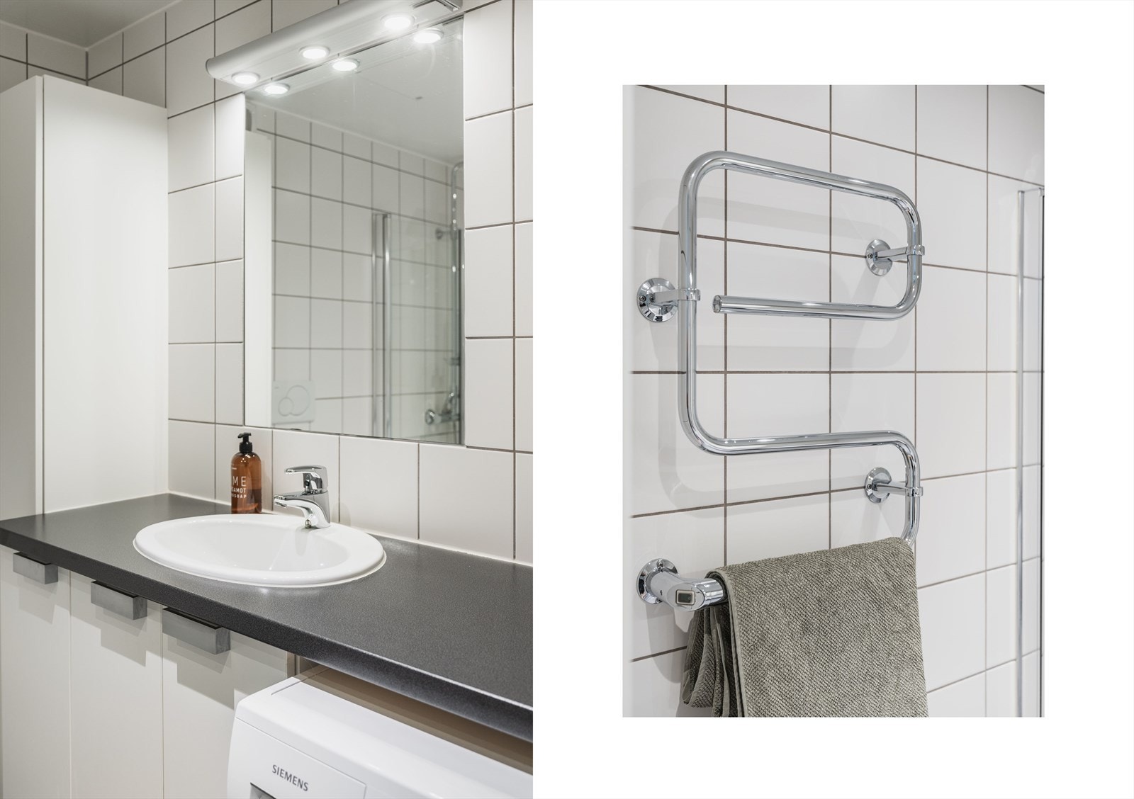 Håndkletørker på vegg og godt med oppbevaringsplass i skap. Galleribilde