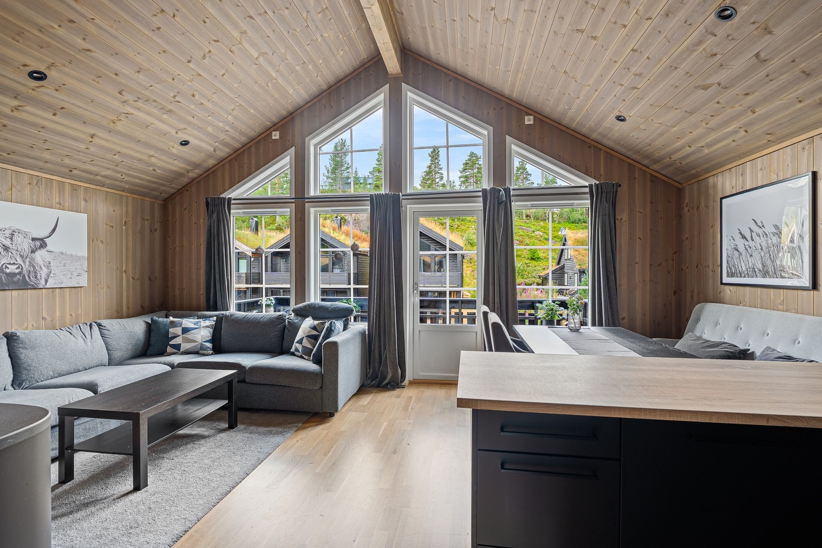 Romslig stue med store vinduer og skråtak, som gir mye naturlig lys. Galleribilde