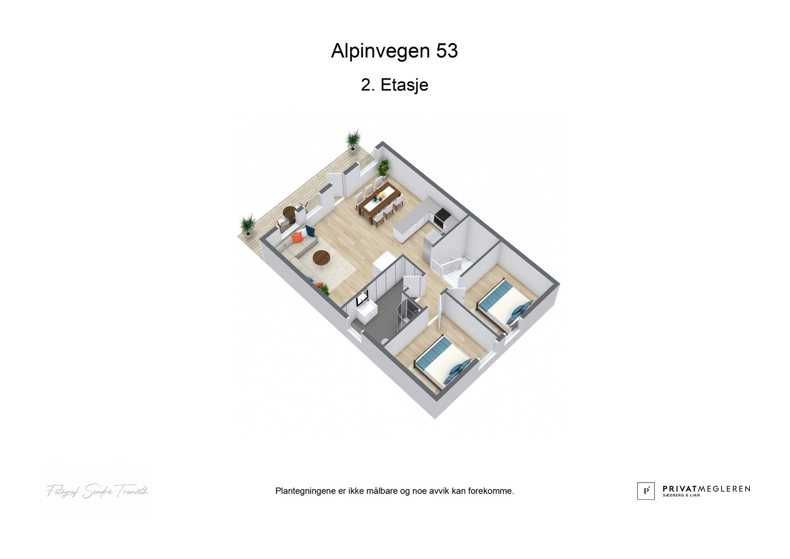 Plantegning av andre etasje med stue, kjøkken, bad og to soverom. Balkong med utgang fra stue. Galleribilde