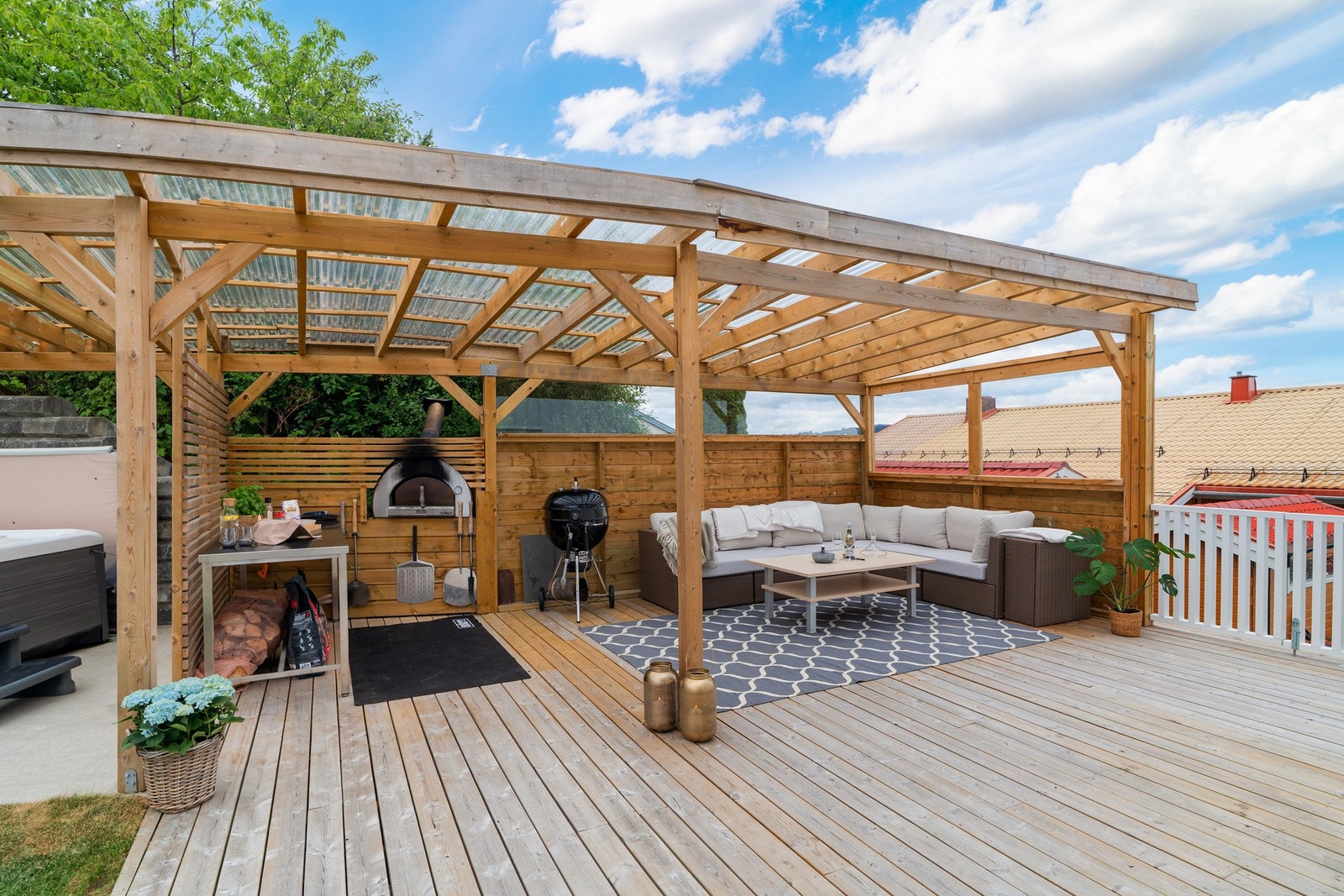 Uteseksjon med delvis overbygd tak, her har man sol fra 8-9 om morgenen 20-21 tiden. Galleribilde