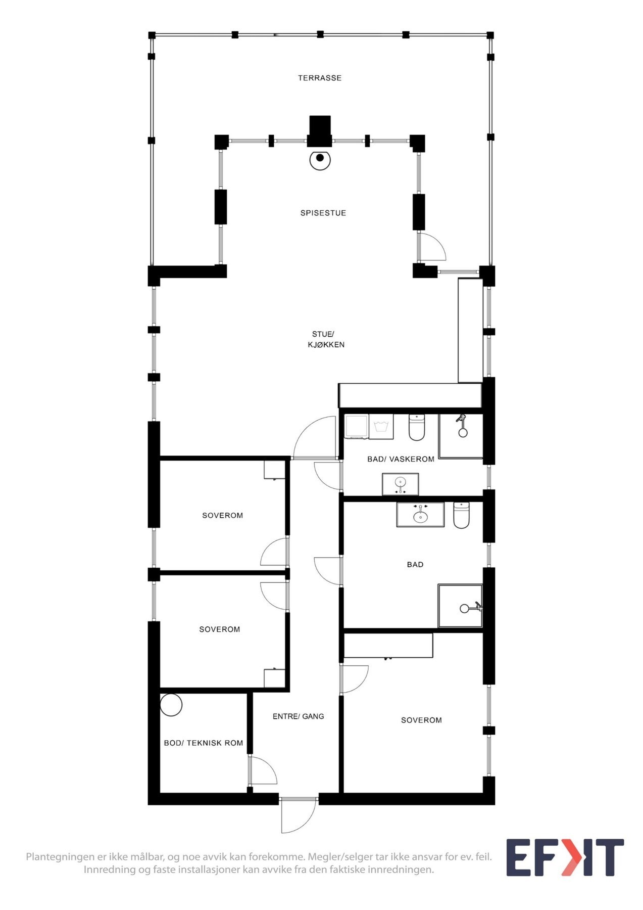 Plantegning. Leiligheten har 3 bad og 2 soverom. Her er det plass til mange! Galleribilde
