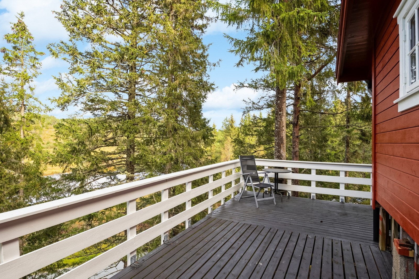 En romslig terrasse med hvit rekkverk og utsikt over frodig skogsterreng. Perfekt for avslapning med god plass til sittegrupper. Galleribilde