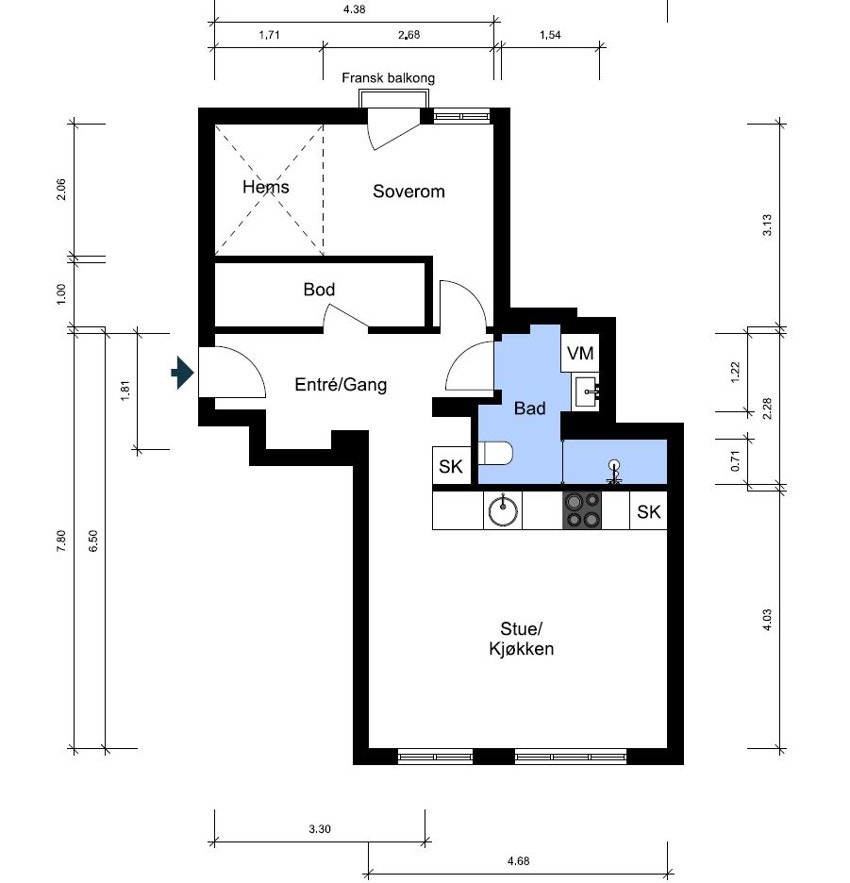 Plantegning. Tegningen er ikke målbar og er kun ment som en illustrasjon. Galleribilde