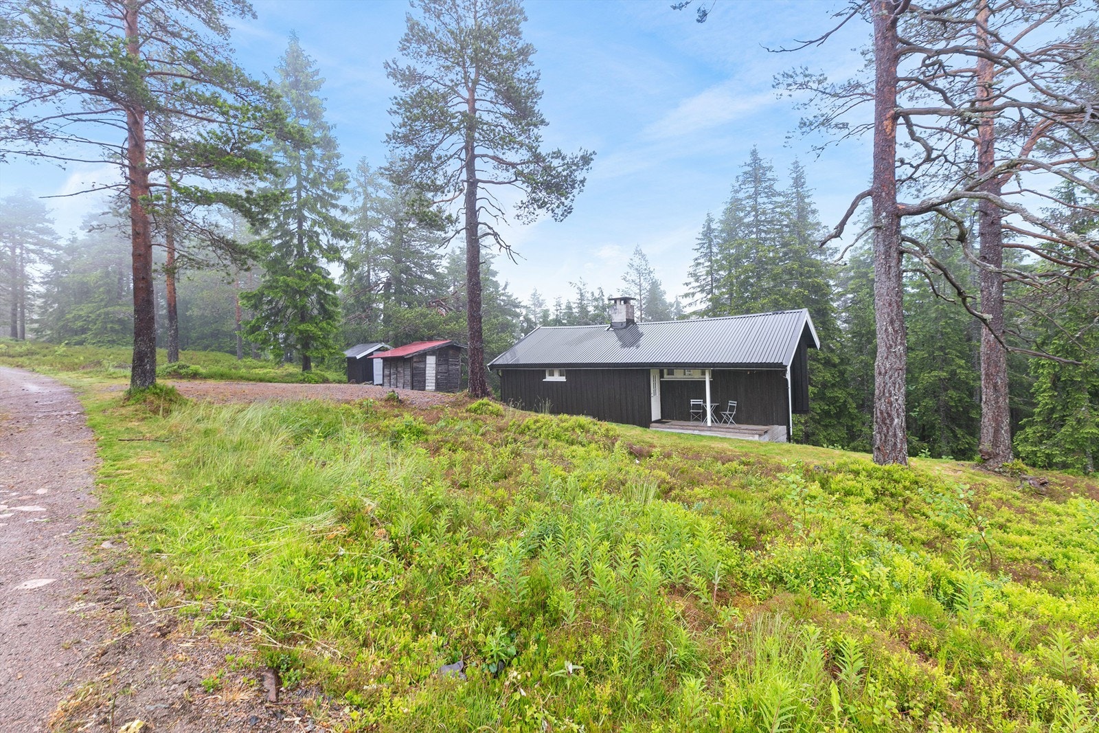 Hytta ligger inntil veien med parkering rett uten for hytten.
Veien er en helårsvei. Galleribilde