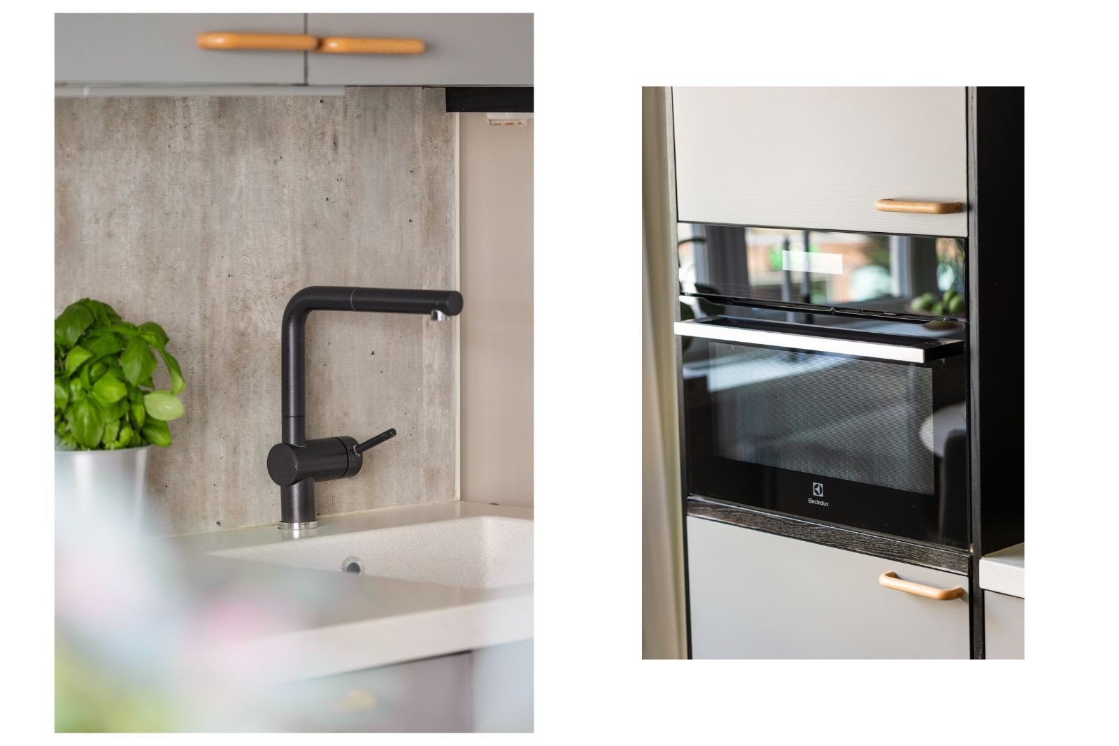 Moderne kjøkken med nedsenket oppvaskkum i rustfritt stål, sort blandebatteri og integrerte hvitevarer fra kvalitetsmerker. Galleribilde