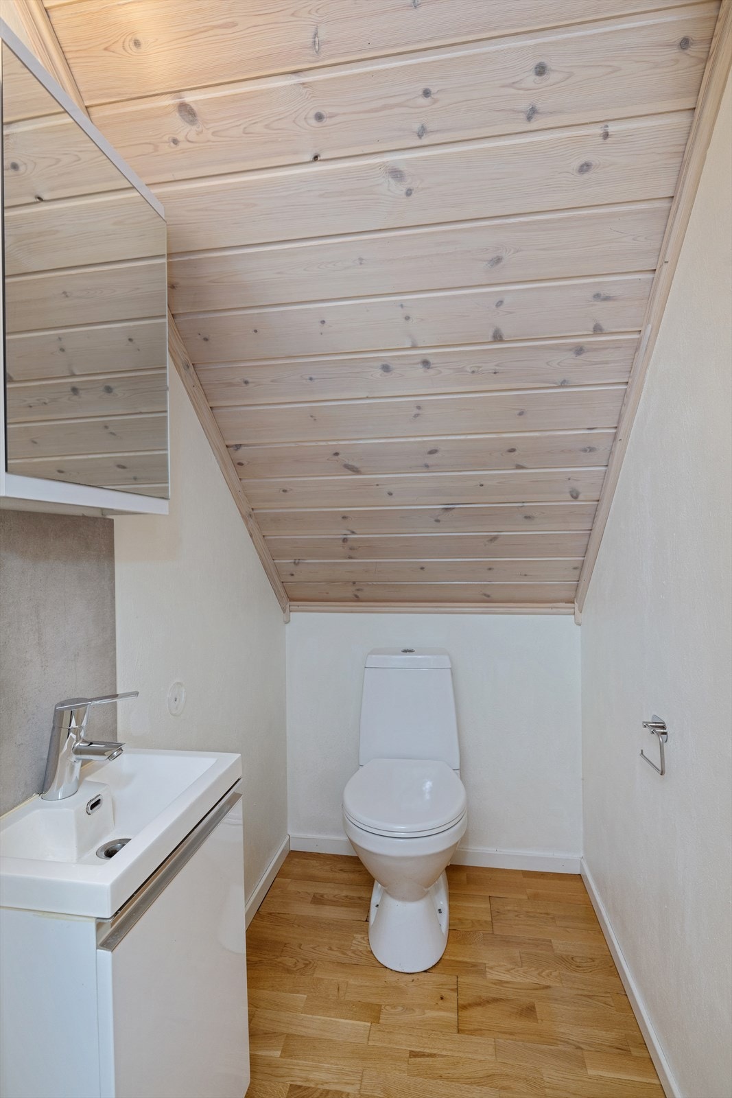 Praktisk toalettrom innredet med servant, veggskap og toalett. Galleribilde