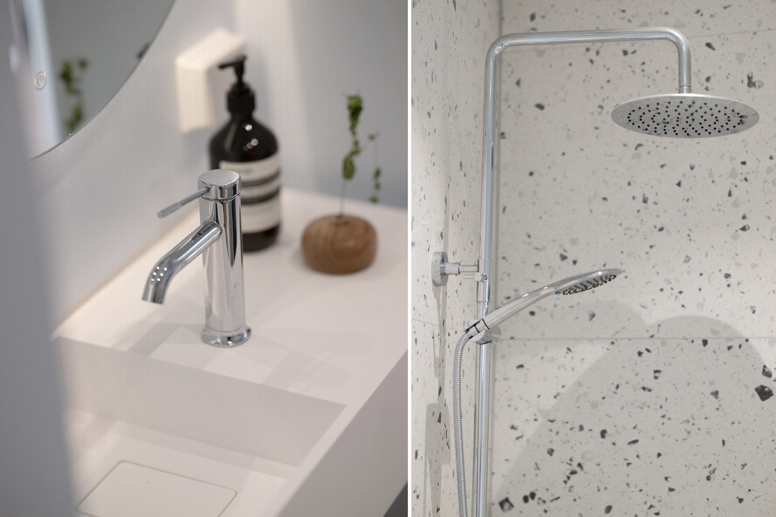 Badet er utstyrt med dusj på gulv, servant i helstøpt plate, veggmontert toalett med innebygd sisterne og opplegg for vaskemaskin. Galleribilde