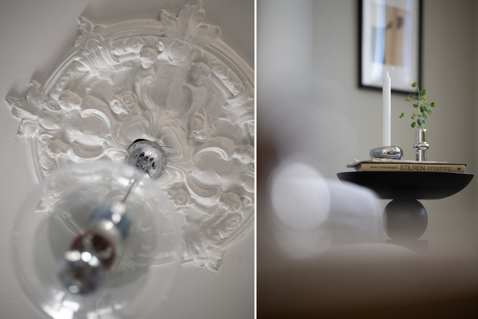 Rommet er preget av klassiske detaljer som stukkatur og rosett. Galleribilde